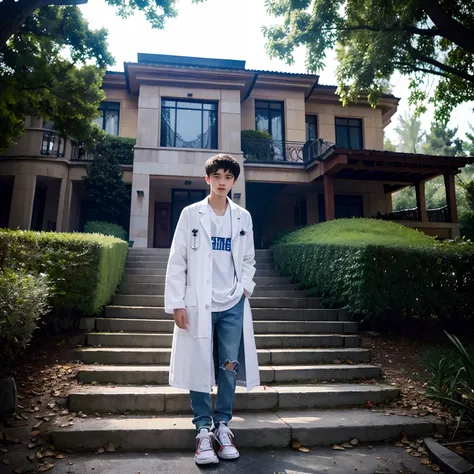 Cool 15-year-old medical boy wearing Jordan sneakers, torn pants and a doctors lab coat, and smoking in a beautiful modern mansion in the woods