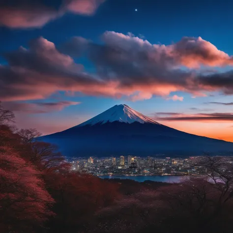 Master Parts、Superior Quality、superior image quality、The 8k quality、Beautiful pictures of the starry sky、magnifica、(Mt fuji:1.25)、dramatic cloud:1.5、Evening glow:1.9、Lenticular clouds:1.9