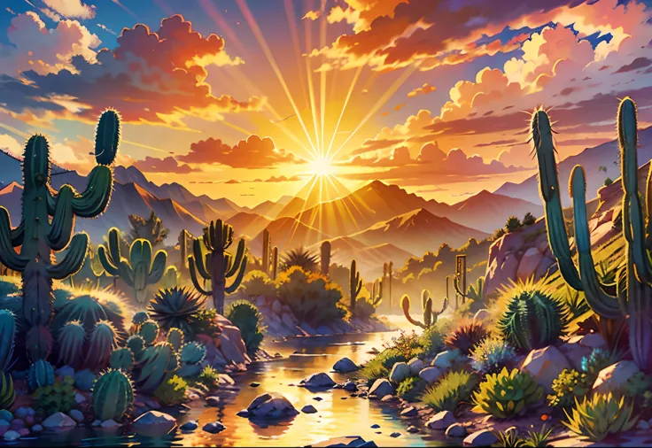 Boho Style，sunraise，suns rays，mountain ranges，Clouds，A river in the middle，Various plants by the river，cacti