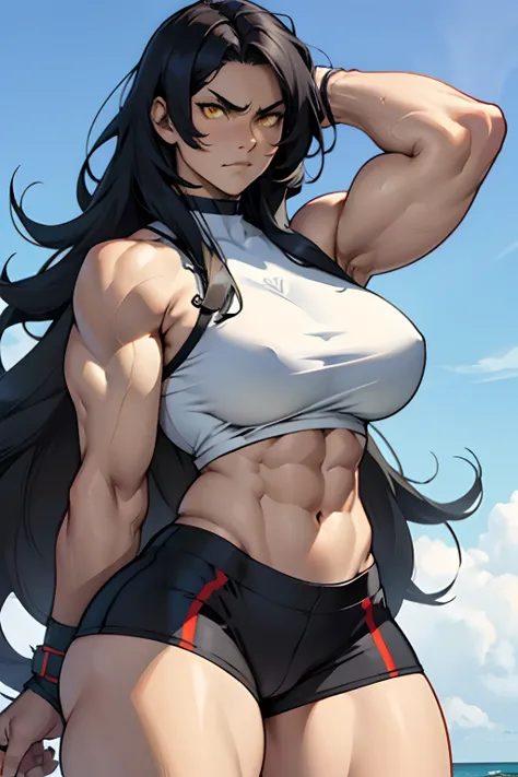 ((muscular, thick thighs, large breasts, 1 girl)), angry, black hair, yellow eyes, very long hair, pale skin, abs