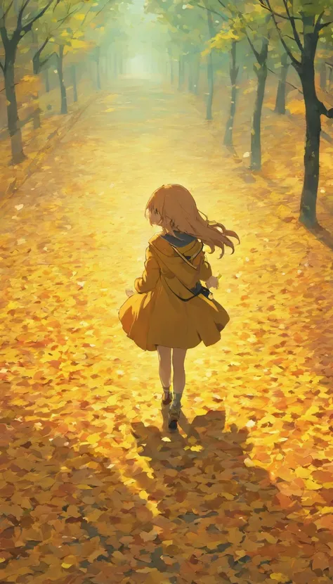 A girl misses her lover in the autumn breeze，Autumn scene，Beautiful and romantic，Estilo minimalista，fuera de foco，插圖，Leaf fall，rico en detalles，Profundidad de campos，originalidad，vista abajo，aerial shot