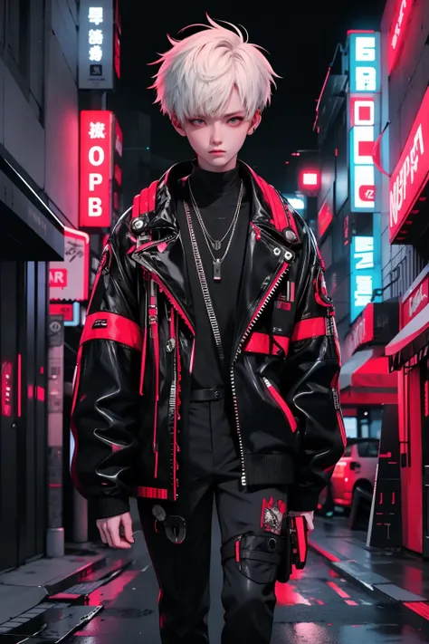 boy walking, half body shot, white red hair, cool black open short jacket, messy fade cut hair, crazy, on futuristic neon night street background, straight front center, photograpic shot