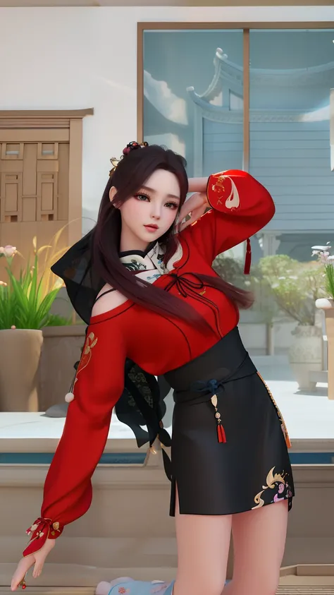 Exquisite facial features,full, Cute girl dancing, Full body 3D art, Big eyes, Black shawl hair, Wear a beautiful hairpin, Dressed in gorgeous Chinese Hanfu, Hanfu has embroidery on it, A fluttering ribbon, Whole body, Fantasy art, A pink background, The e...