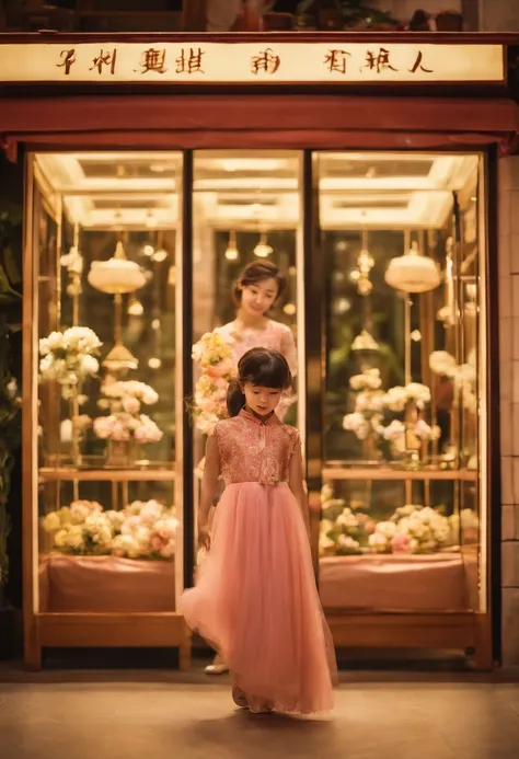 In the flower shop，A little Chinese girl in a dress，The film is still there，（Photo 1:1），Floating in the sky，brightly，cheerfulness，intriguing，gentlesoftlighting