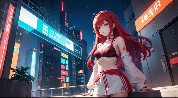 a red-haired woman in front of a building, night core, Bralette, Pokimane, inspirado em Yanjun Cheng, 16 bits, quase mostrando os peito, menina em uma loja de discos, Yanjun Chengt, 19-year-old girl, Heonhwa Choe, Inspirado em Jeonseok Lee, futurista, core...