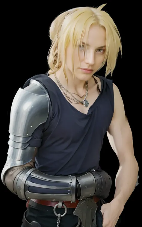 Photorealistic, portrait of fullmetal alchemis, elric of melnibone,covered in full metal armor, real, real life