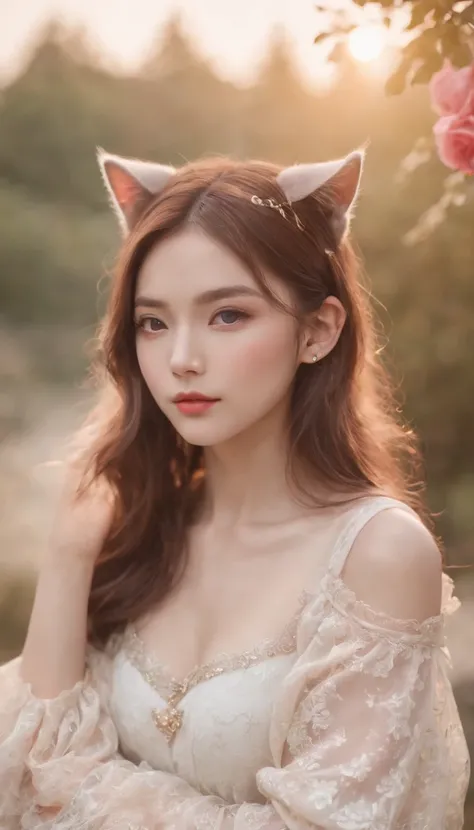 Best quality,4K,8K,A high resolution,Masterpiece:1.2,Ultra-detailed,Realistic:1.37,Cute,Girly,Portrait style,Long hair,Cat ears，Sparkling eyes,piercing eyes,Cat-like eyes,Beautiful face,rosycheeks,Soft and flawless skin,young look,pouty lips,Cat ears,Delic...