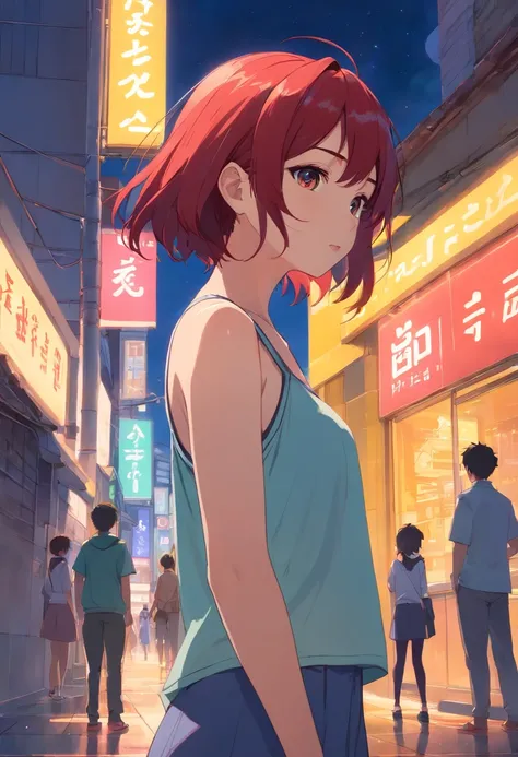 a red-haired woman in front of a building, night core, Bralette, Pokimane, inspirado em Yanjun Cheng, 16 bits, quase mostrando os peito, menina em uma loja de discos, Yanjun Chengt, 19-year-old girl, Heonhwa Choe, Inspirado em Jeonseok Lee, futurista, core...