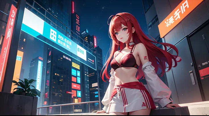 a red-haired woman in front of a building, night core, Bralette, Pokimane, inspirado em Yanjun Cheng, 16 bits, quase mostrando os peito, menina em uma loja de discos, Yanjun Chengt, 19-year-old girl, Heonhwa Choe, Inspirado em Jeonseok Lee, futurista, core...