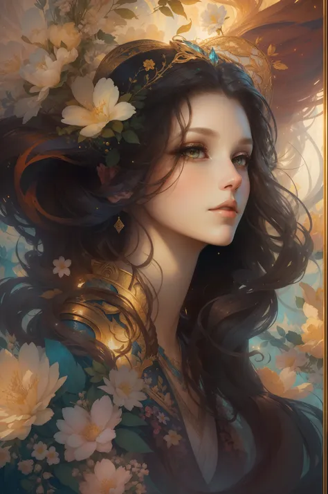 （（gorgeous female princess）），（she has long flowing brown hair），（bright and beautiful eyes），trendding on artstation，flowers of ho...