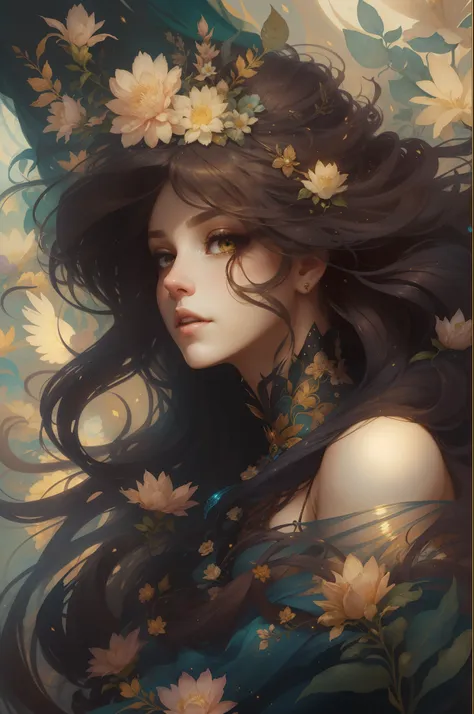 （（gorgeous female princess）），（she has long flowing brown hair），（bright and beautiful eyes），trendding on artstation，flowers of ho...