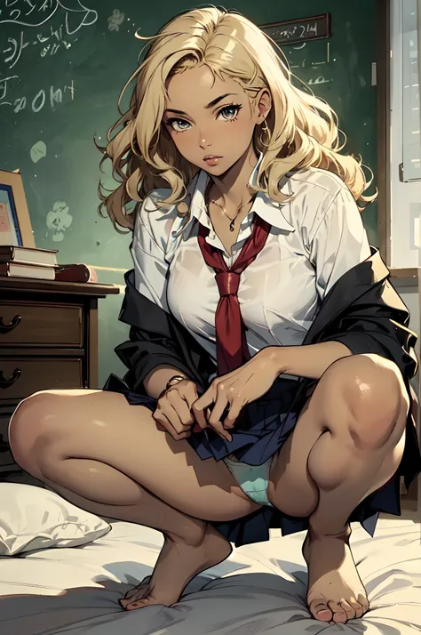 (anatomically correct,),skin texture,
light tanned skin,solo,woman,(wavy hair,blonde hair),(panties),
(school uniform:1.5),bare foot