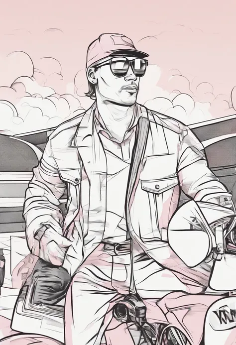 Por favor, crie uma imagem de um desenho de homem com 18 anos com pele morena. He is wearing a pink cap on his head and has a friendly smile on his face. Suas roupas podem ser casuais, como uma camiseta e jeans. The scene around him is cheerful and sunny, ...