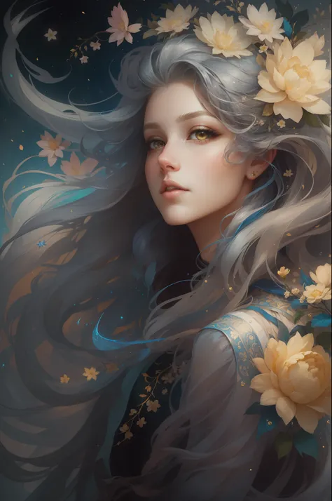 （（gorgeous female princess）），（she has long flowing gray hair），（bright and beautiful eyes），trendding on artstation，flowers of hop...