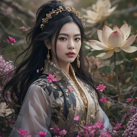 Gold tailgate 32K（tmasterpiece，k hd，hyper HD，32K）Long flowing black hair，ponds，zydink， a color， Tailfire （Concubine girl）， （Purple silk scarf）， Combat posture， looking at the ground， long whitr hair， Floating hair， Carp pattern headdress， Chinese long-slee...