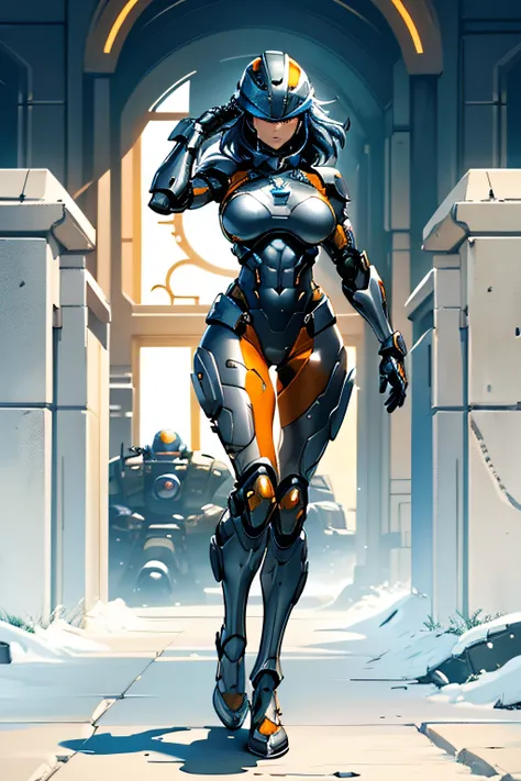 arafe female robocop solo、Big breasts about to burst、full body armored、Orange and silver armor、thin and long legs,、Long metallic blue hair、Fitness Body Shape、Helmet with visor to cover the eye area、Pose ready to fight、