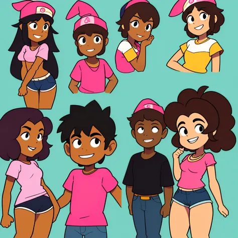 Por favor, crie uma imagem de um desenho de homem sozinho, com 18 anos "Homem" com pele morena. He is wearing a pink cap on his head and has a friendly smile on his face. Suas roupas podem ser casuais, como uma camiseta e jeans. The scene around you is che...