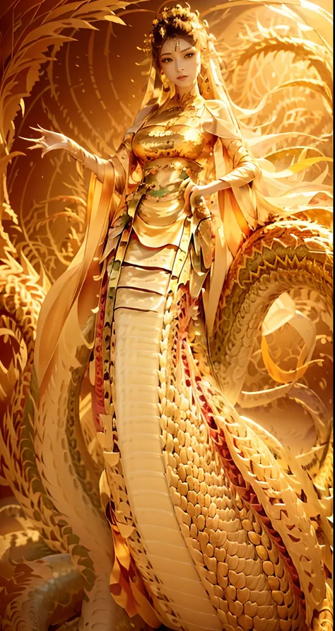 （Lamia），full body shot shot，（（sorceress woman，Realistic style of wheat orange）），1girll，monstergirl，Reptile tail，（Golden shiny snake scales），（shiny white，Red and（golden colored）Gradient scaly tail），（reptilian eyes），In the beautiful plains（beachside），（（Red t...