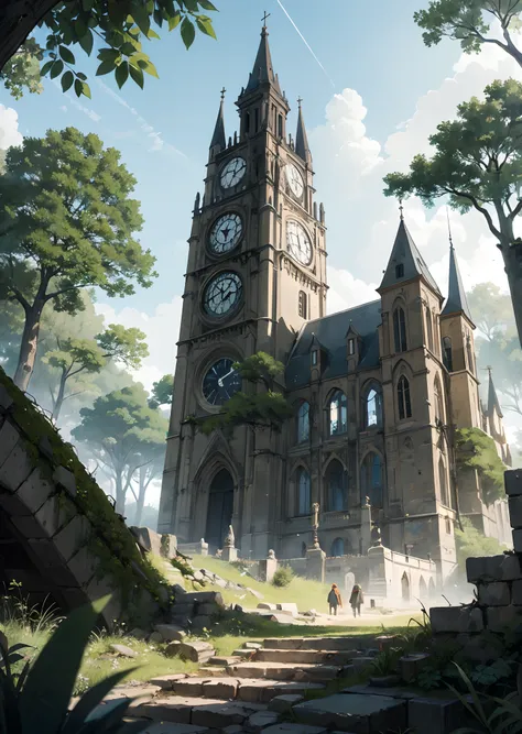 Digital illustration of dense forest full of dense plants and animals、Ruins of a Gothic clock tower at the end of a clearing of vegetation、Composition looking up from below、with no people、​masterpiece、Proportional、detaileds、trending on artstationh、beautifu...