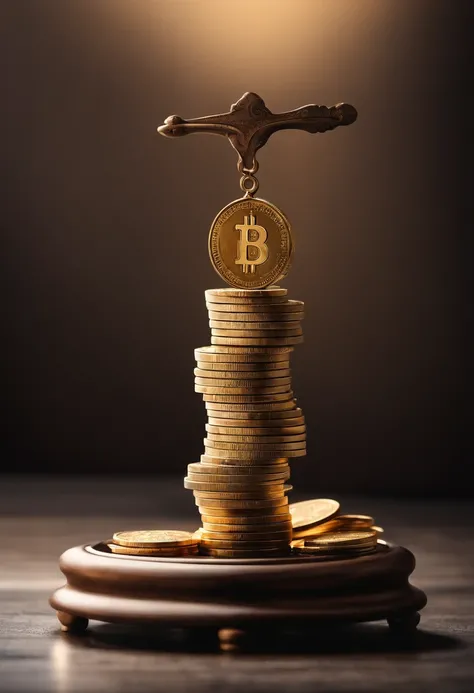 Create an image of an unbalanced scale, with several coins stacked on one side and the other side completely empty and tilted upwards. Utilize diferentes tamanhos de moedas para deixar a imagem mais interessante. Add details to currencies, as letters and n...