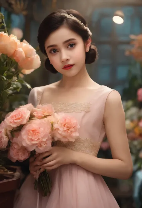 In the flower shop，Big eyed little girl in dress，The film is still there，（Close-up 1:1），Holding a flower in hand，Floating in the sky，brightly，cheerfulness，intriguing，gentlesoftlighting