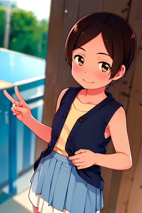 1girl, NOEL-CHAN, one-piece, Short hair, dark-brown hair, brown eyes, Solo, Solo Focus, female focus, face focus, upper body, smile, skirt lift,