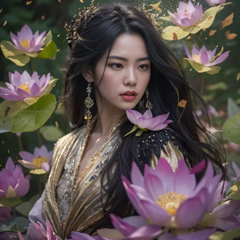 Gold tailgate 32K（tmasterpiece，k hd，hyper HD，32K）Long flowing black hair，ponds，zydink， a color， Tailfire （Concubine girl）， （Purple silk scarf）， Combat posture， looking at the ground， long whitr hair， Floating hair， Carp pattern headdress， Chinese long-slee...