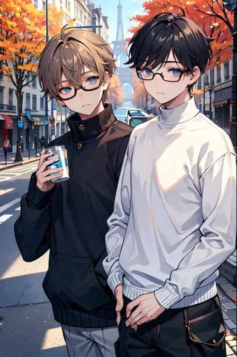 twinks　male people　eye glass　Cream sweater　Check Cargo Pants　Paris　French cityscape　Street trees in autumn　​masterpiece　Top image quality　Darken shading(light)　Clear　cinematic shadow　Increased attractiveness of the eyes　{Perfect face} 　Clear the shine of t...