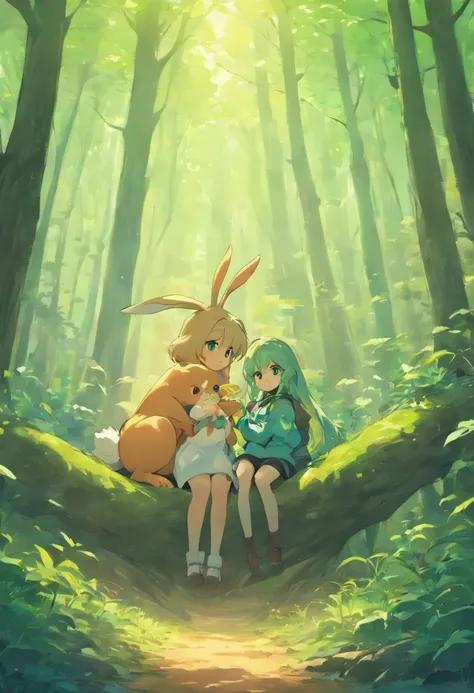 Rabbit and turtle embraced in a forest