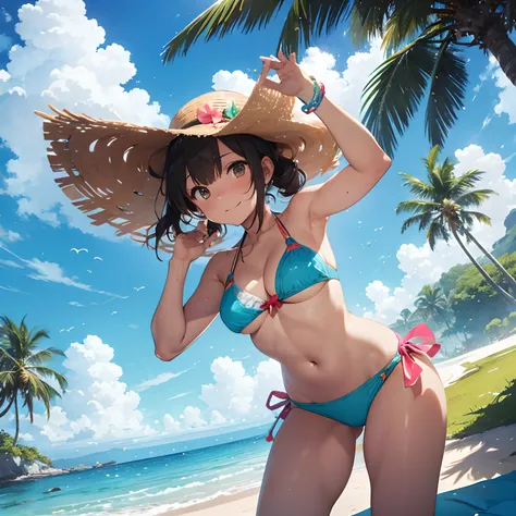 best quality,ultra-detailed,realistic,photorealistic:1.37,bikini,lush tropical strand,palm trees,crystal clear turquoise water,sun-kissed skin,glistening droplets of water on the body,melons slices,refreshing fruit slices,carefree enjoyment,beach vibes,rel...