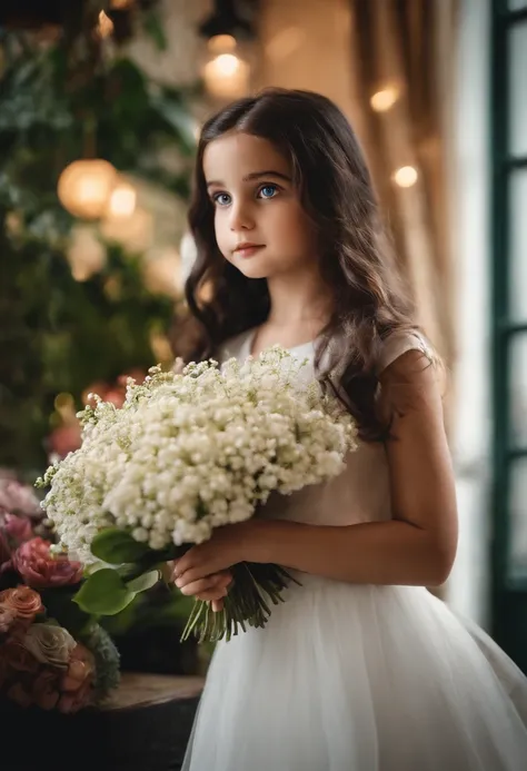 In the flower shop，Big eyes little girl in skirt（Close-up 1:1），largeeyes，brunette，Holding a flower in hand，Floating in the sky，brightly，cheerfulness，intriguing，gentlesoftlighting