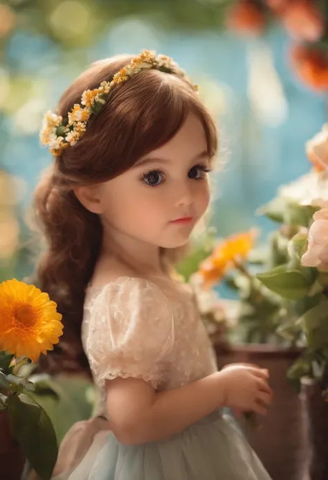 In the flower shop，Big eyes little girl in skirt（Close-up 1:1），largeeyes，brunette，Holding a flower in hand，Floating in the sky，brightly，cheerfulness，intriguing，gentlesoftlighting