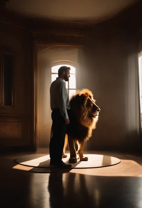 A man, in casual attire, stands in front of a mirror. In the reflection, he shares the space with a majestic lion. The man appears surprised, reaching out to the mirror, while the lion remains calm. Light and shadows accentuate the surreal encounter, quest...