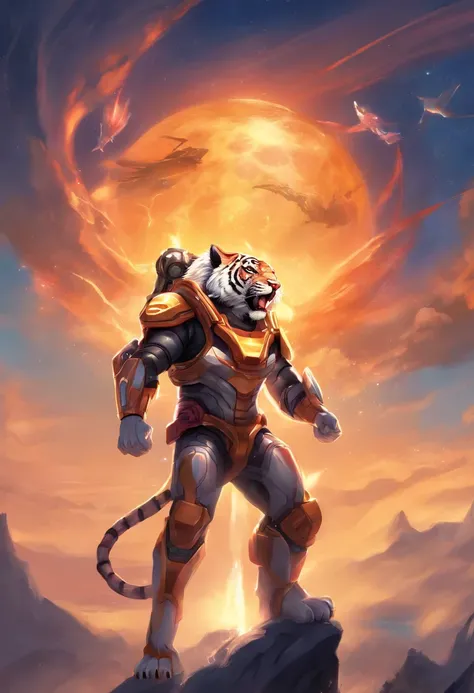 1tiger, (with jet pack on its back: 1.5), small, (wild:1.2), powerful, solo, best quality, master peice, glowing, yugioh style, yugioh monster, duel monster, outline, digimon, pokemon, sparkle