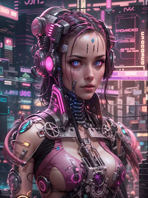 pink cyborg, female android, hacking, netrunner cyberpunk, computer, hologram, cyberpunk city, computer, intricate mechanical detail, best quality, cinematic lighting, best quality, 64k