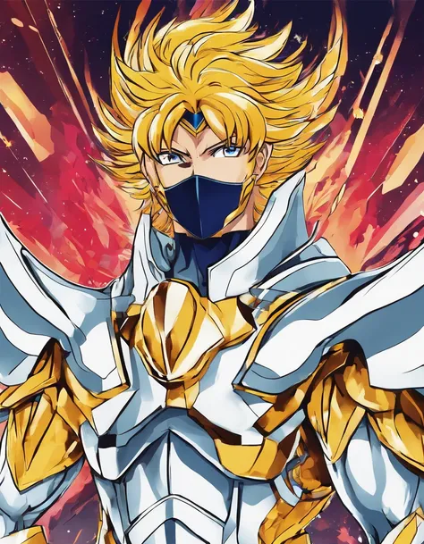 Cavaleiro Saint seiya anime, armadura dourada, cabelo pretos, barba curta, corpo inteiro