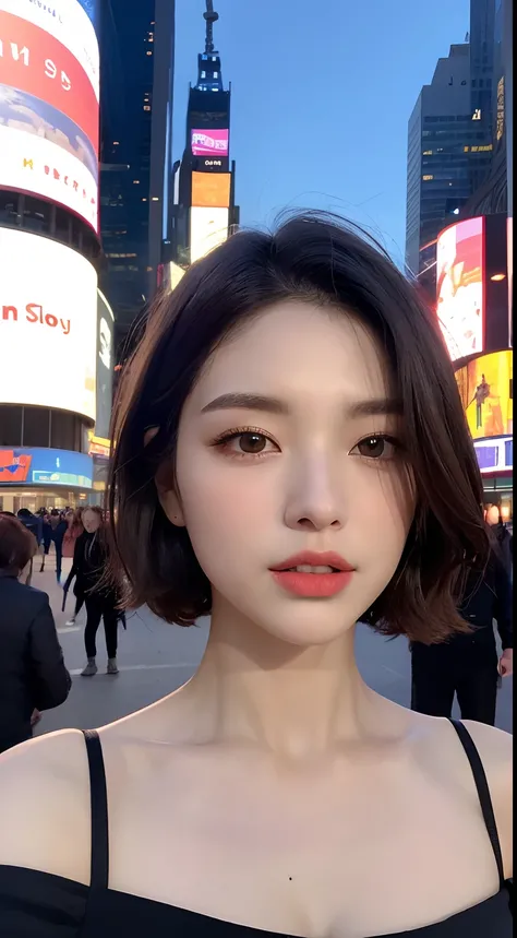 ((Night Scene, Realistic Light, Best Quality, 8k, Masterpiece: 1.3)), 1 Girl, Slim Body Beauty: 1.4, Blonde, Short Hair, (Big: 1.3), Off Shoulder Cut Top: 1.3, Ultra Detailed Face, Detailed Eyes, Double Eyelids, NYC, Times Square, Cleavage