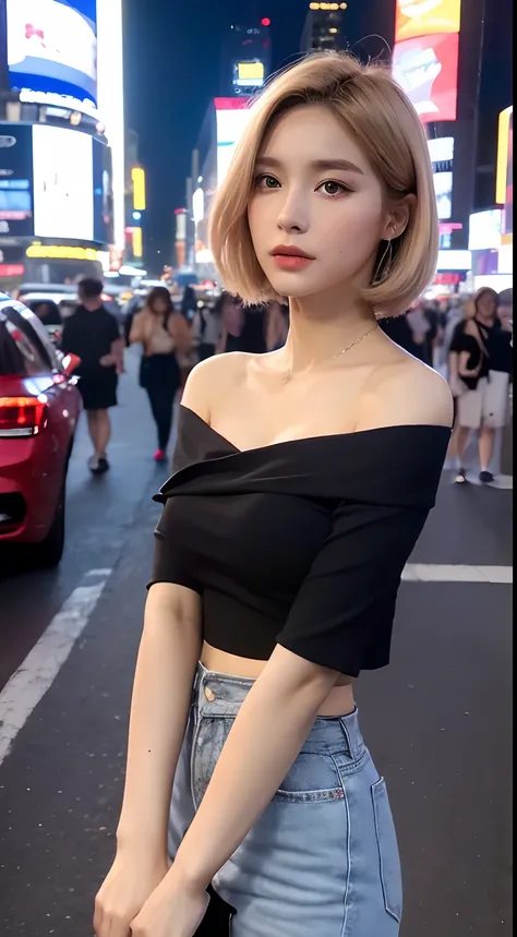 ((Night Scene, Realistic Light, Best Quality, 8k, Masterpiece: 1.3)), 1 Girl, Slim Body Beauty: 1.4, Blonde, Short Hair, (Big: 1.3), Off Shoulder Cut Top: 1.3, Ultra Detailed Face, Detailed Eyes, Double Eyelids, NYC, Times Square, Cleavage