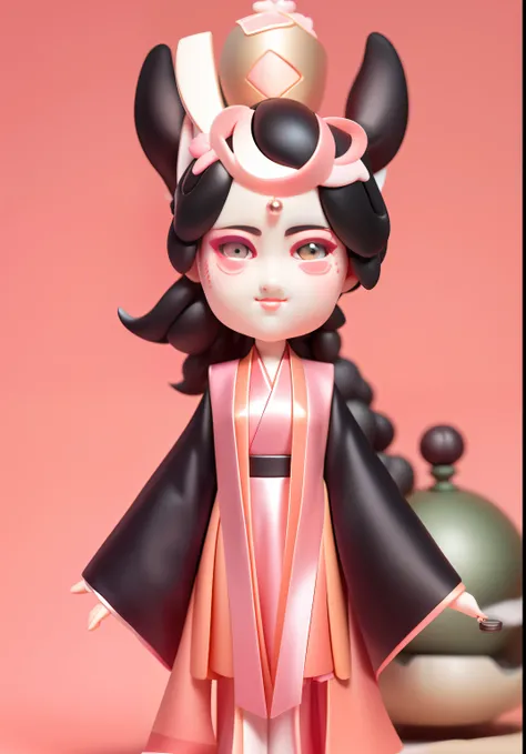 Blind box toy style，An ancient Chinese girl image，cute  face，black color hair，Pink Hanfu，Peach blossom makeup，Small pearl decoration，Donkey ears，Wine altar overhead