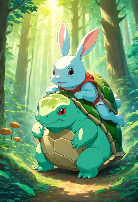 Rabbit and turtle embraced in a forest