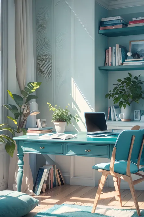 Modern study, Blue and white series, There is a laptop on the desk, a chair, bookshelves, a plant, Sunlight outside the window, k hd, the detail.