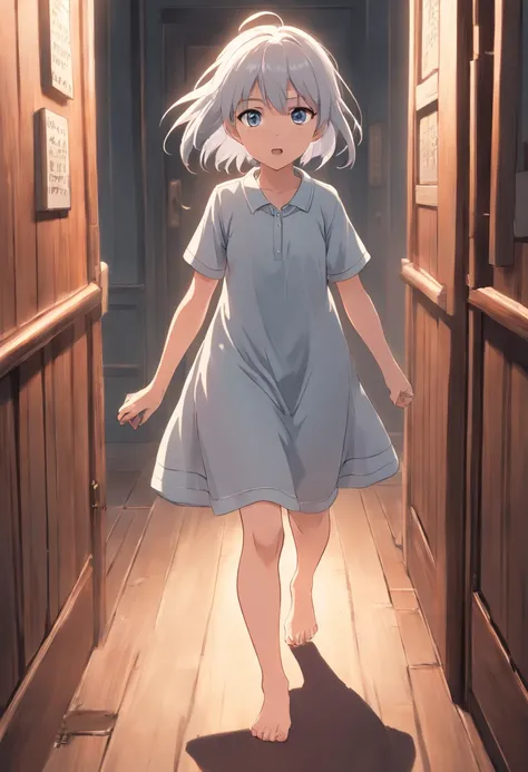 Anime, White hair, Long hair, white eyes with gray silvery, Barefoot, White shirt, Plain Gown, In the horror of a haunted house, Lori, kid, child, petite body, Horror Cinematic, :<, Scared, Running with the cruelest monster behind her