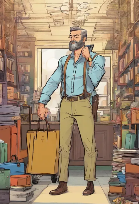 White man with thin physique, com cabelos negros "Lambidos" backward, com uma barba feita e um bigode, usando oculos. wearing a dress shirt with suspenders, also with a pair of pants and shoes. And carrying a briefcase in his hand.