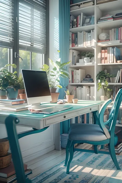 Modern study, Blue and white series, There is a laptop on the desk, a chair, bookshelves, a plant, Sunlight outside the window, k hd, the detail.