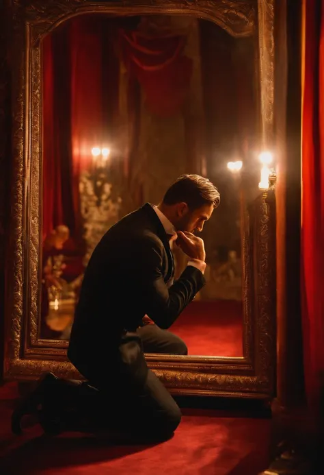 Man kneeling in front of a mirror