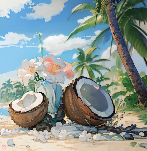 coconut tree，between the two coconuts you open is a glass of coconut water，watercolour painting style，clean color，the watercolor...