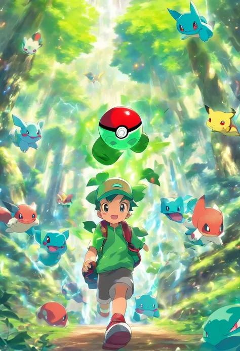 an Quority（Face away from the camera）of anime boys，The upper part of the body，back to look back。Holding a small red ball in his hand。 There are Pokémon, big trees, flying birds, Mainly blue and green,Behind him was a Bulbasaur, Anime shonen wears green, He...