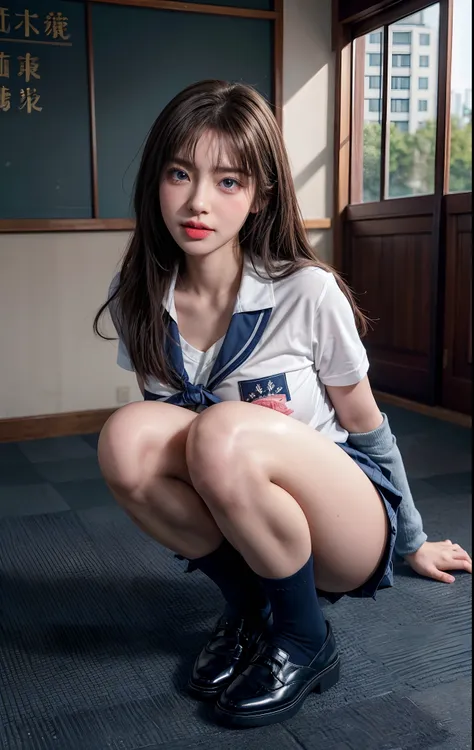 ​masterpiece, hi-school girl、Blue Eye、light brown hair、（School Uniforms:1.5）、（:1.5）、Huge breasts are coming out、Huge lewd ass、Navy Socks、T Buckshot,Wear upper shoes、Sit down and open your crotch、（Bright school classroom:1.5）the viewer, Realistis, full body...