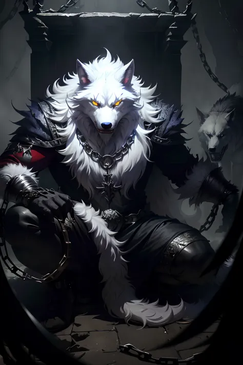 Arafard demon with chains around his neck and eyes, White wolf, Angry werewolves, werecreature, anthropomorphic wolf male, an anthro wolf, anthropomorphic wolf, Thick white fur, sharp claws, red glowing eyes