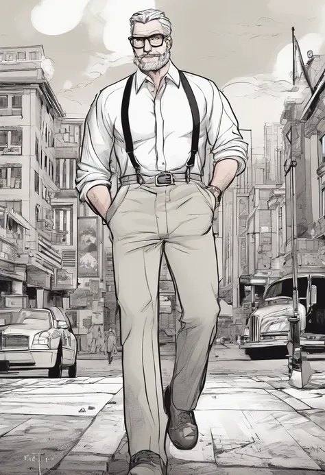 White man with thin physique, com cabelos negros "Lambidos" backward, com uma barba raspada, usando oculos de grau. wearing a dress shirt with suspenders, also with a pair of pants and shoes. And carrying a briefcase in his hand.